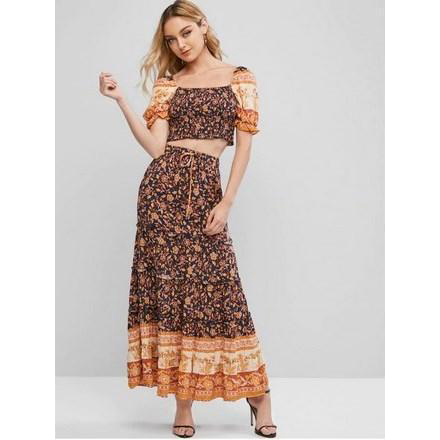 Drawstring Smocked Floral Two Piece Dress