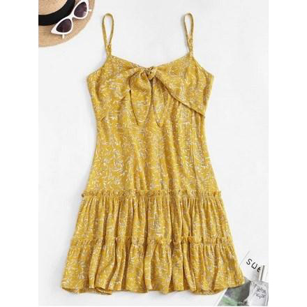 Ditsy Leaf Knotted Cami Flounce Dress