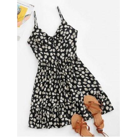 Ditsy Print Flounce Button Placket Sundress