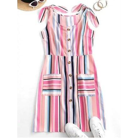 Colorful Striped Button Through Pocket Tied Dress