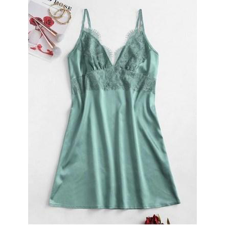 Cami Eyelash Lace Panel Satin Sleep Dress